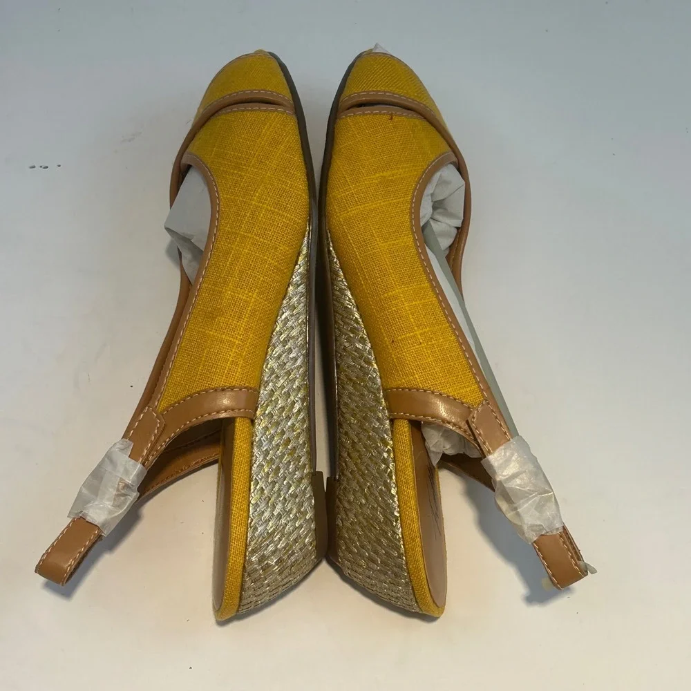 Trotters Womens Yellow Linen Peep Toe‎ Slingback Wedge Sandals Size 8.5M